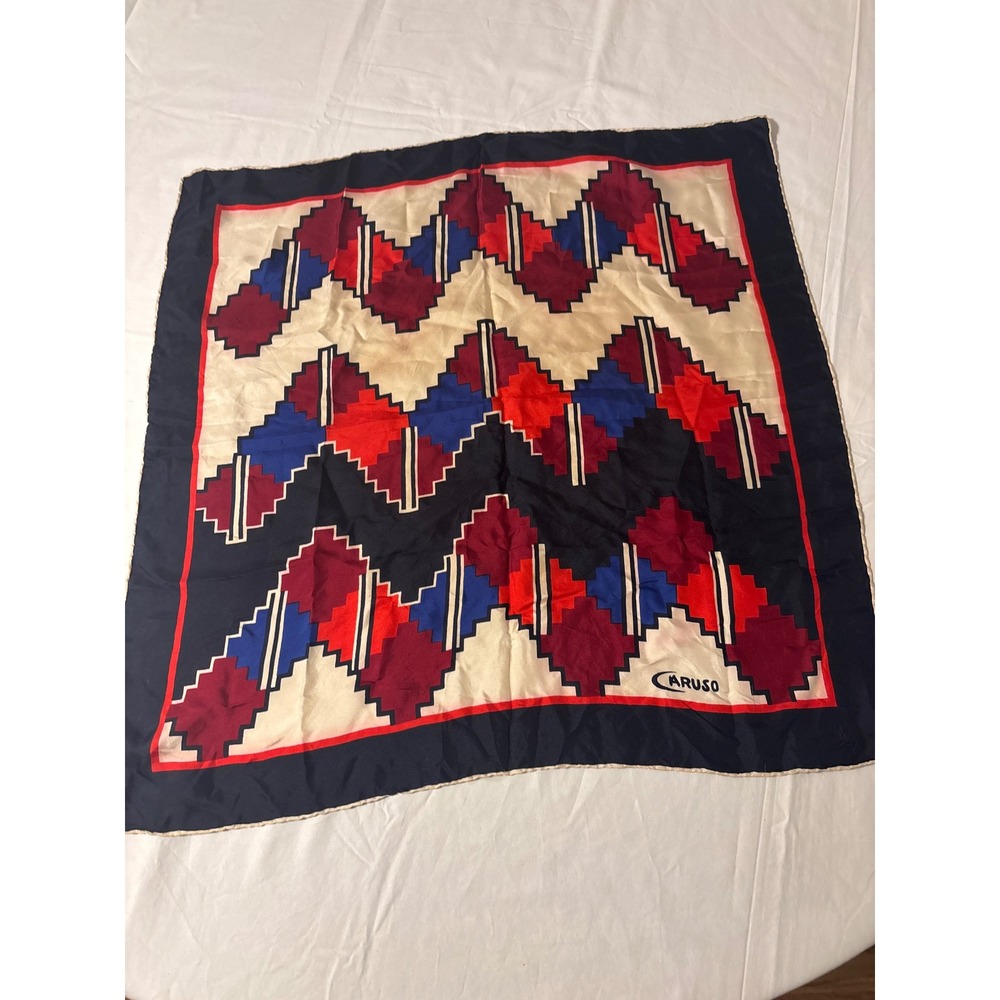 Caruso Scarf Womens OS Navy Blue Geometric Zigzag Silk Feel 3281